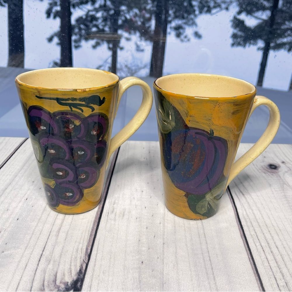 Set of 2 Arte Italica Vintage Grape Plum Design Tall Cups Mugs Made in Italy‎